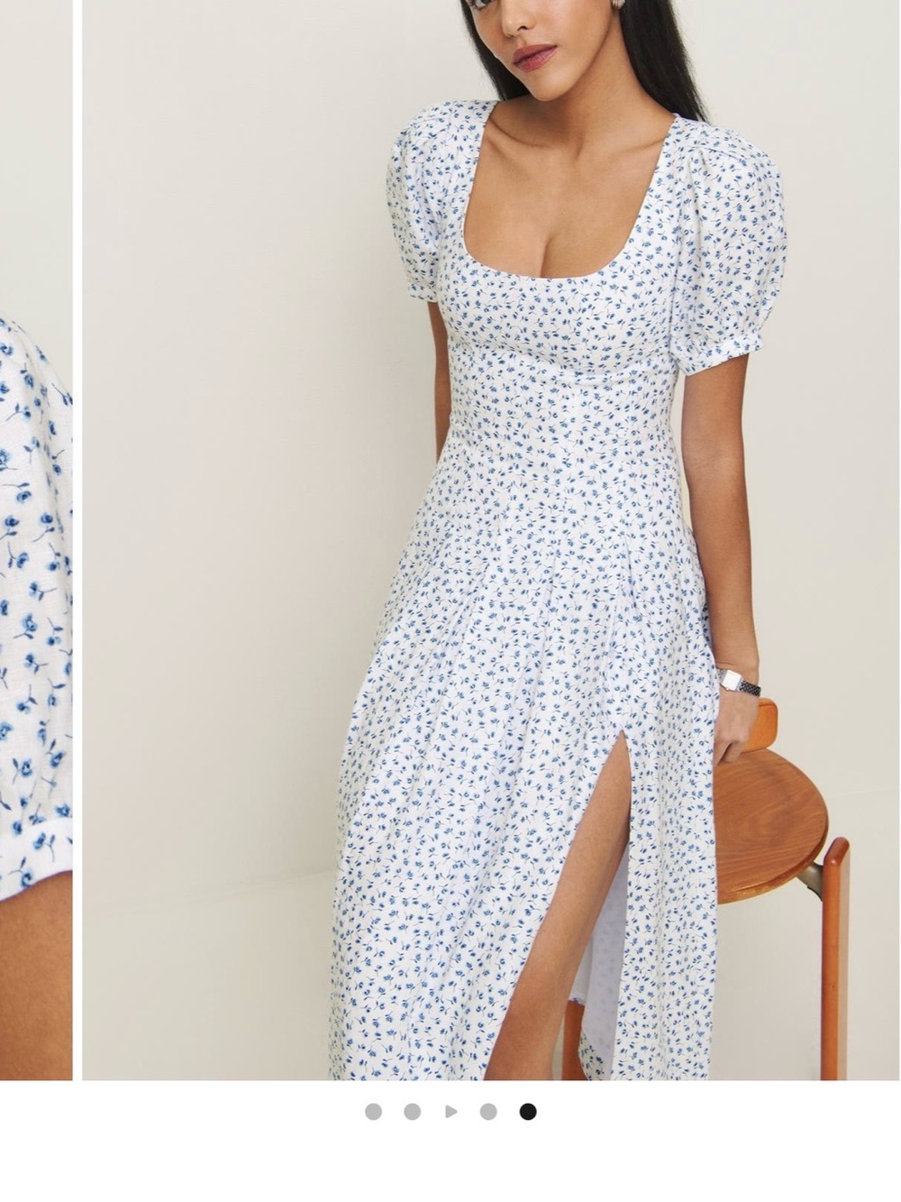 Reformation White & Blue Floral Midi Dress with Side Slit